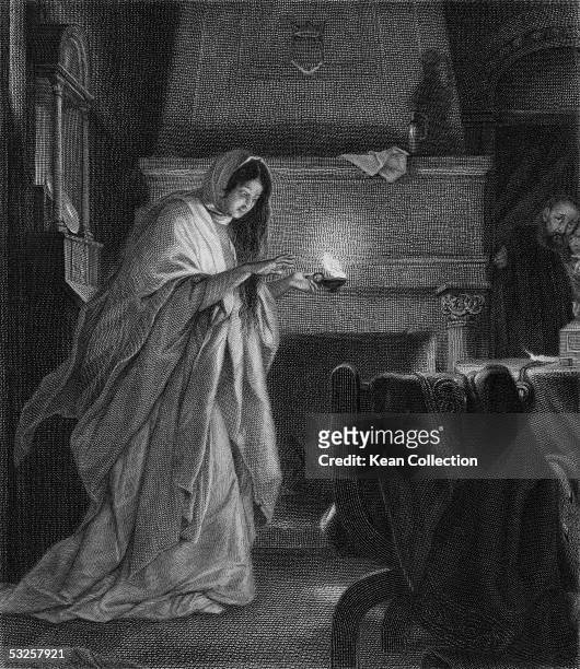 Engraving from Act V Scene I of William Shakespeare's 'Macbeth' of Lady Macbeth as she holds a lantern and sleepwalks with her eyes open through a...