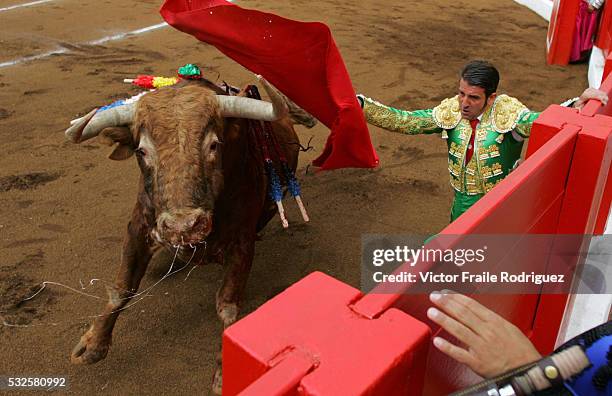 Spanish matador Juan Jose Padilla performs a pass to a bull during the "Santiago" bullfighting fair in the northern Spanish town of Santander July...