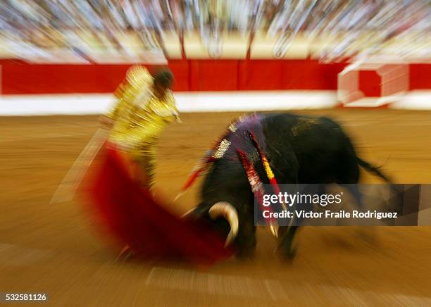 Spanish matador Salvador Cortes performs a pass during the 'Santiago' bullfighting fair in the northern Spanish town of Santander July 24, 2005....