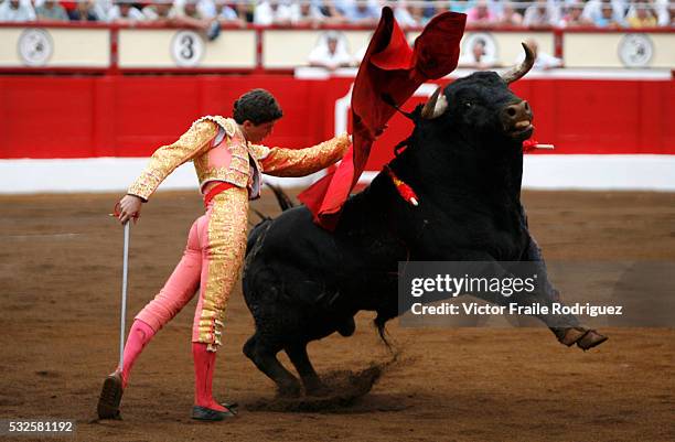 Spanish matador Daniel Luque performs a pass at a bull during the Santiago bullfighting fair in the northern Spanish town of Santander July 25, 2006....