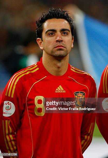 Spain's Xavier Hernandez listens the national anthem before Euro 2008 Group F qualifying soccer match against Sweden at the Santiago Bernabeu stadium...
