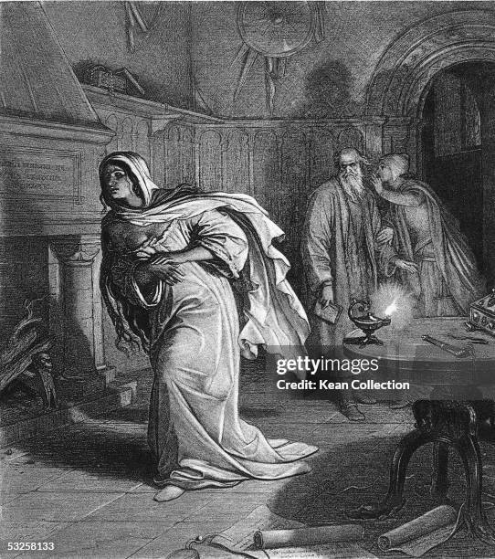 Engraving from Act V Scene I of William Shakespeare's 'Macbeth' of Lady Macbeth as she wears a nightgown and sleepwalks through a darkened room, mid...