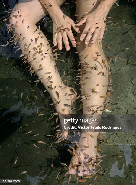 Visitor enjoys the "Fish Therapy" on a hotspring bathing pool in the Sanya Pearl River Nantian Hotspring Resort at south China's Hainan island...