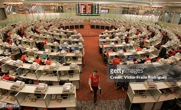 Traders work on the floor of the Hong Kong Stock Exchange March 13, 2008. Photo by Victor Fraile --- Image by © Victor Fraile