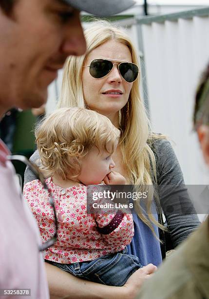 Gwyneth Paltrow with baby Apple Martin backstage at "Live 8 London" in Hyde Park on July 2, 2005 in London, England. The free concert is one of ten...