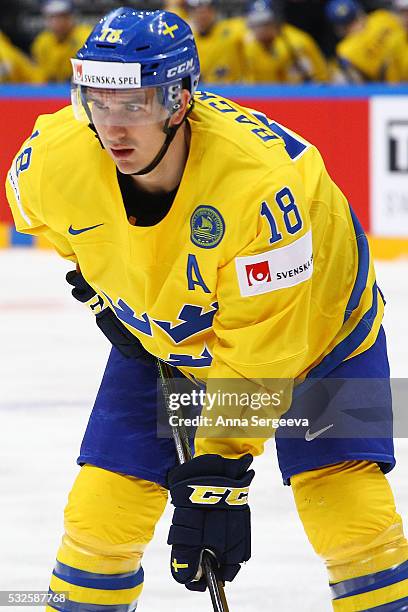 Mikael Backlund of Sweden skates agaist Norway at Ice Palace on May 14, 2016 in Moscow, Russia.