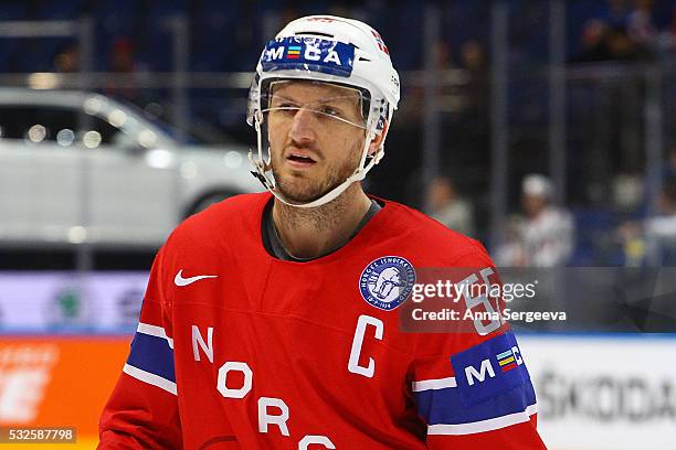 Ole-Kristian Tollefsen of Norway skates agaist Sweden at Ice Palace on May 14, 2016 in Moscow, Russia.