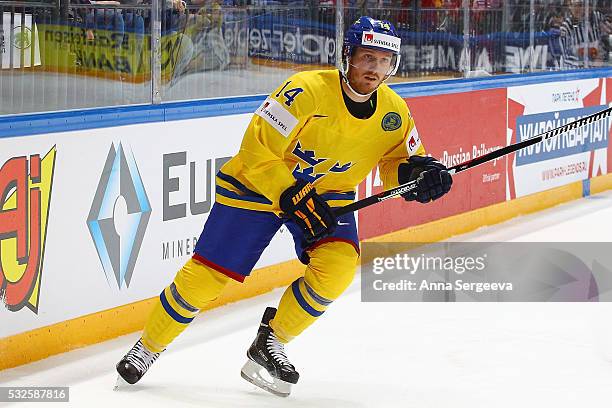 Gustav Nyquist of Sweden skates agaist Norway at Ice Palace on May 14, 2016 in Moscow, Russia.