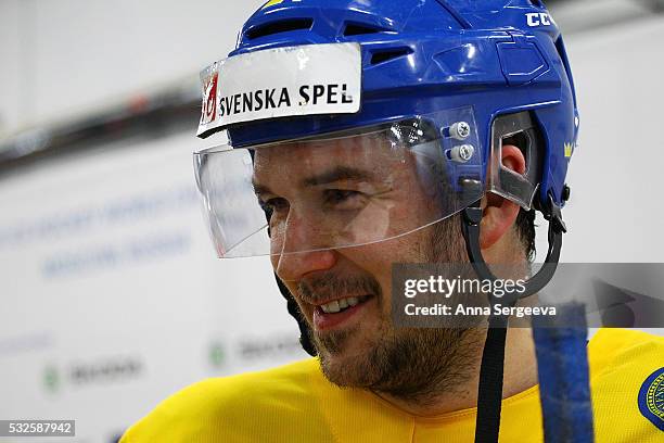 Jimmie Ericsson of Sweden speaks to media folowing the game against Norway at Ice Palace on May 14, 2016 in Moscow, Russia.