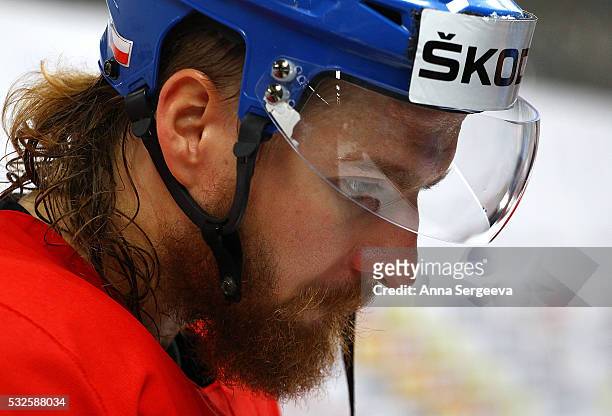 Lukas Kaspar of Czech Republic speaks to media folowing the game against Denmark at Ice Palace on May 15, 2016 in Moscow, Russia.