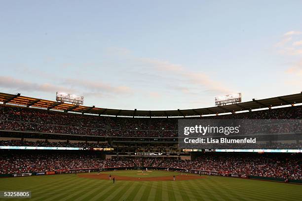 General view of the game between the Florida Marlins against the Los Angeles Angels of Anaheim on June 17, 2005 at Anaheim Stadium in Anaheim,...