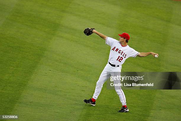 Steve Finley of the Los Angeles Angels of Anaheim throws the ball in during the game against the Florida Marlins on June 17, 2005 at Anaheim Stadium...