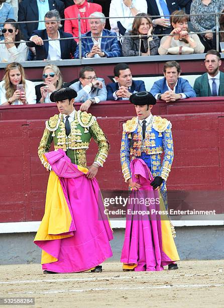 Miguel Angel Perera and Alejandro Talavante attend bullfighting during San Isidro Fair at Las Ventas Bullring on May 18, 2016 in Madrid, Spain.