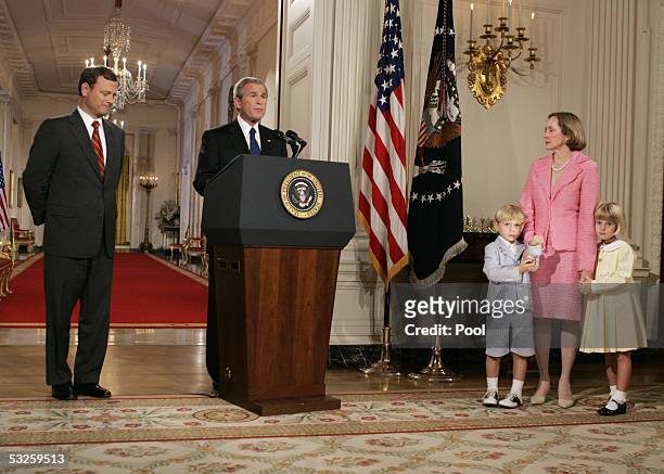 Judge John G. Roberts, Jr. Of the U.S. Court of Appeals for the District of Columbia Circuit speaks after being nominated by President George W. Bush...