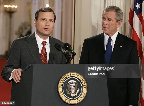 Judge John G. Roberts, Jr. Of the U.S. Court of Appeals for the District of Columbia Circuit speaks after being nominated by President George W. Bush...