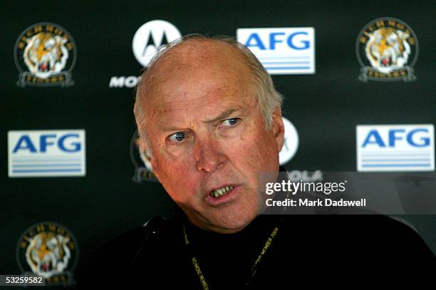 Former AFL player Rex Hunt talks at a press conference during the AFL Round 7 match between the Richmond Tigers and the Carlton Blues at the MCG May...