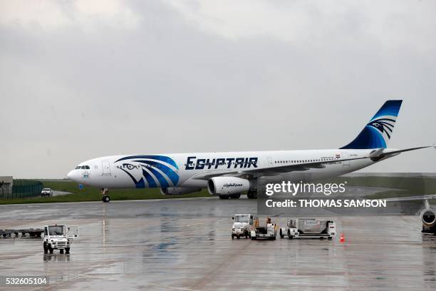This picture taken on May 19 shows an Egyptair Airbus A330 from Cairo taxiing at the Roissy-Charles De Gaulle airport near Paris after its landing a...