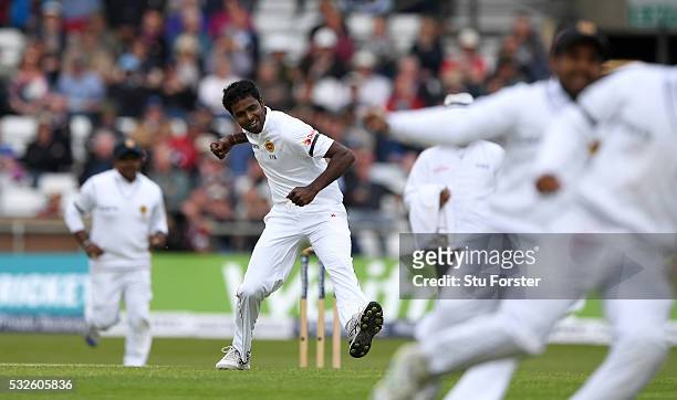 Sri Lanka bowler Shaminda Eranga reacts after dismissing England batsman James Vince during day one of the 1st Investec Test match between England...