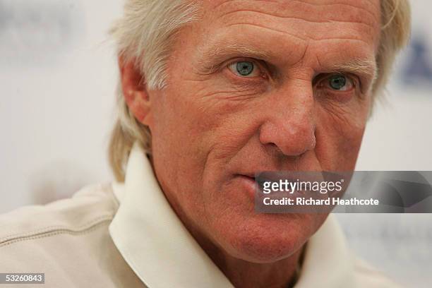 Greg Norman of Australia talks to the press during practise for the Senior British Open 2005 at Royal Aberdeen GC, July 20, 2005 in Aberdeen,...