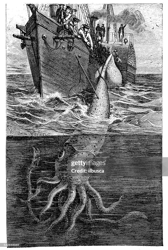 Antique illustration of giant squid fishing