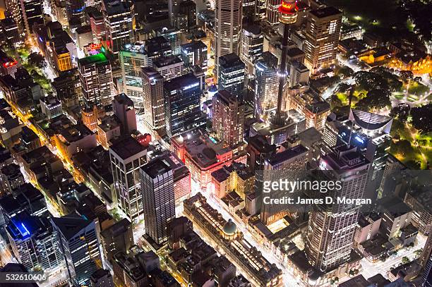 Photographed from 2500 feet above Sydney, the CBD and Bondi twinkle in the evening lights on September 19, 2015 in Sydney, Australia.