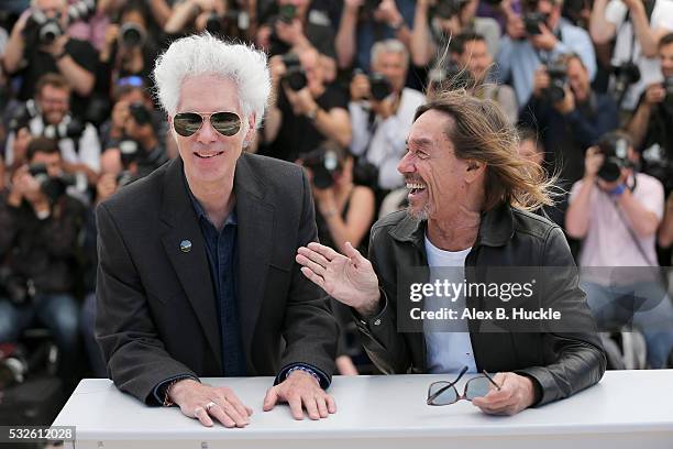 Jim Jarmusch and Iggy Pop attends the "Gimme Danger" photocall during the 69th annual Cannes Film Festival at Palais des Festivals on May 19, 2016 in...