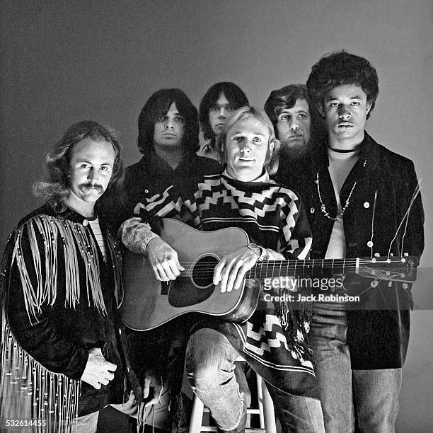 Portrait of the music group Crosby, Stills, Nash, and Young, early 1970s. Pictured are, from left, David Crosby, Dallas Taylor, Neil Young, Stephen...