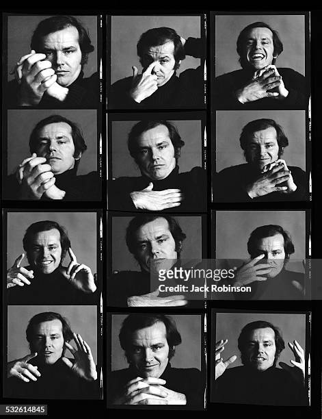 Contact sheet of various portraits of American actor Jack Nicholson, New York, New York, January 1970.
