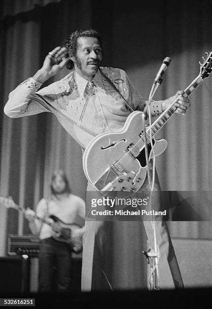 American rock and roll singer and guitarist, Chuck Berry, performing at the Lewisham Odeon, south London, 19th February 1975.