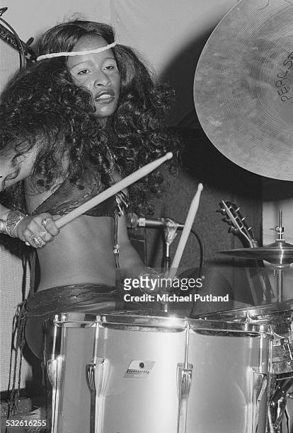 American singer-songwriter and drummer Chaka Khan performing with American funk band Rufus at a record launch party in London, February 1975.