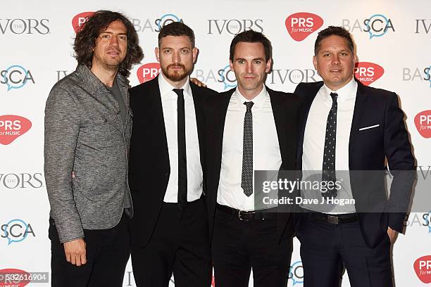 Gary Lightbody, Nathan Connolly, Johnny McDaid and Jonny Quinn of Snow Patrol arrive for the Ivor Novello Awards at Grosvenor House, on May 19, 2016...