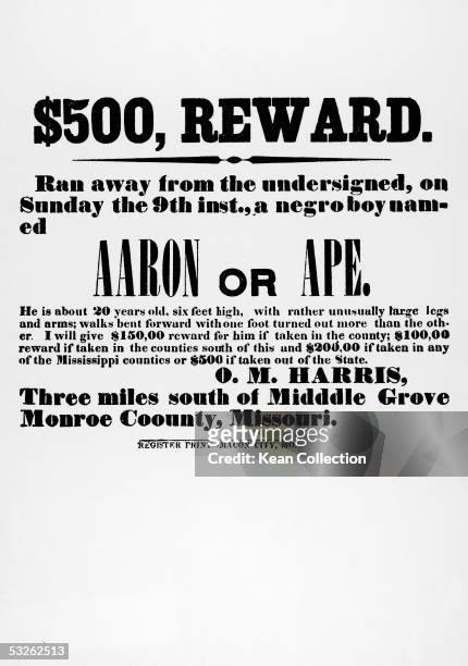Poster offers a cash reward for the return of a runaway slave to his oppressor, Monroe County, Missouri, 1850s. After the Fugitive Slave Act of 1850...