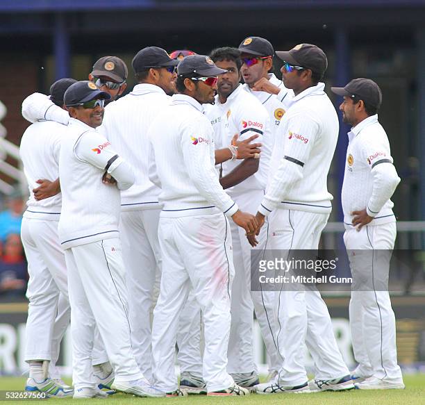 Shaminda Eranga of Sri Lanka celebrates taking the wicket of James Vince of England during day one of the Investec Test match England v Sri Lanka at...