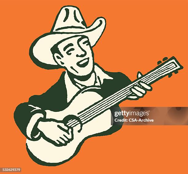 stockillustraties, clipart, cartoons en iconen met singing cowboy with guitar - een instrument plukken