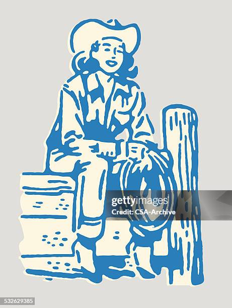 cowgirl auf zaun - cowgirl stock-grafiken, -clipart, -cartoons und -symbole