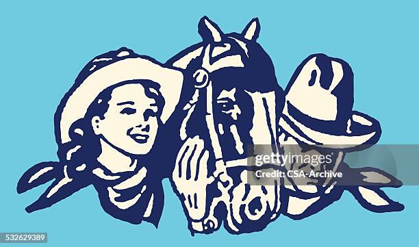 cowboy cowgirl and horse - cowboy stock illustrations