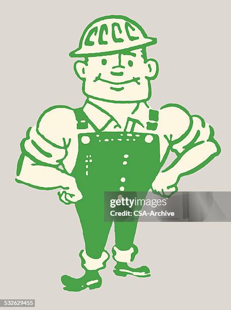 construction worker in overalls and hardhat - work overalls stock illustrations