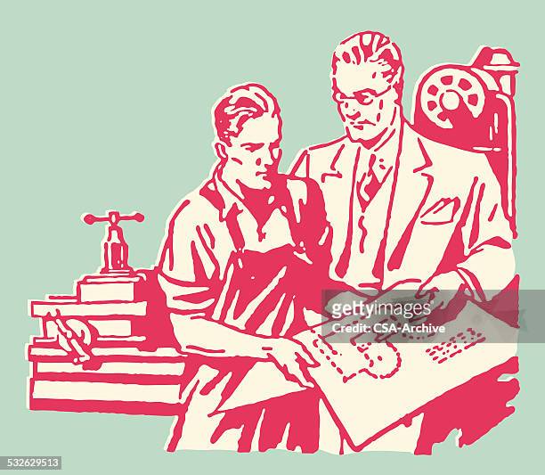 two men discussing plans inside a factory - contract manufacturing stock illustrations