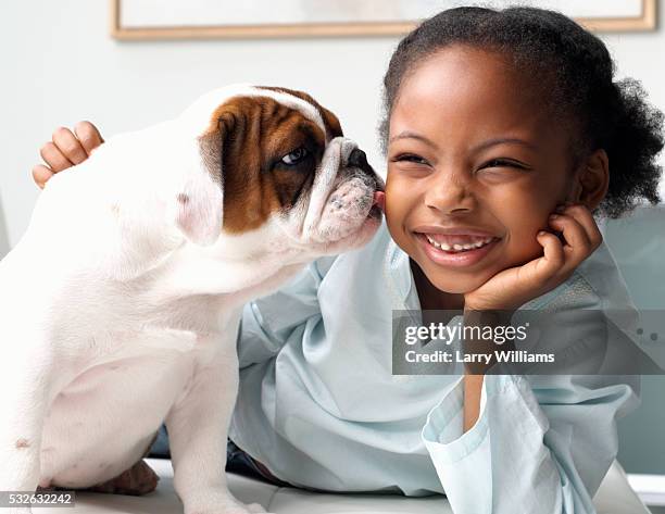 puppy licking girl on cheek - dog licking girls stock pictures, royalty-free photos & images