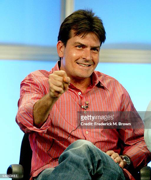 Actor Charlie Sheen attends the panel discussion for "Two And A Half Men" during the CBS 2005 Television Critics Association Summer Press Tour at the...