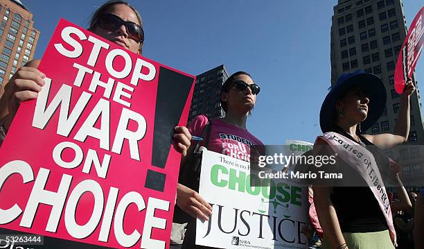 Pro-choice women protest U.S. President George W. Bush's nominee for the Supreme Court John G. Roberts Jr. In Union Square July 20, 2005 in New York...