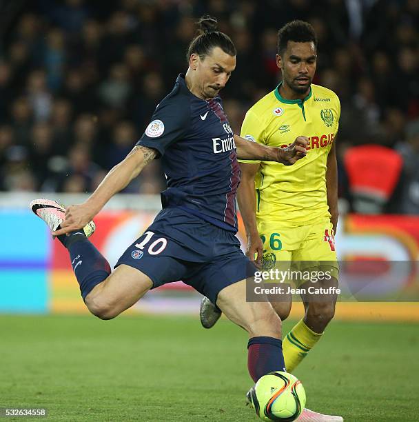 Zlatan Ibrahimovic of PSG and Koffi Djidji of Nantes in action during the French Ligue 1 match between Paris Saint-Germain and FC Nantes at Parc des...