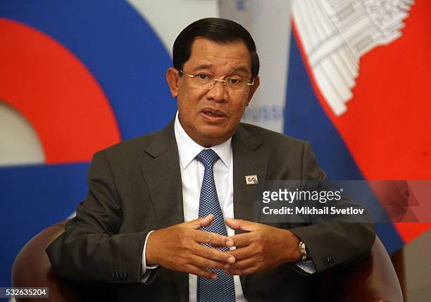 Cambodia's Prime Minister Hun Sen attends a meeting with Russian President Vladimir Putin at Bocharov Ruchey State Residence on May 19, 2016 in...