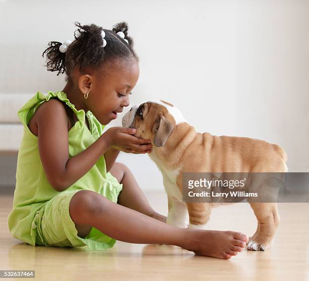little girl talking to her dog - cute pug - fotografias e filmes do acervo