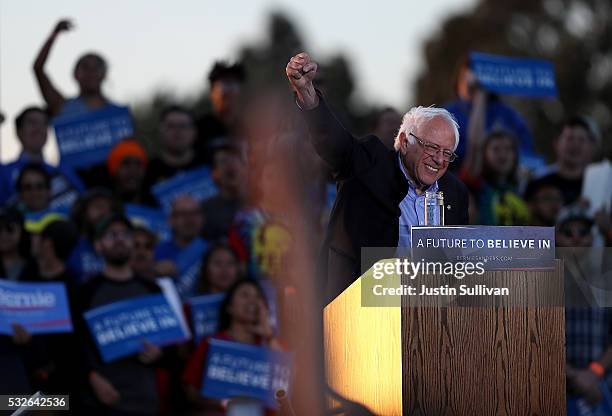 Democratic presidential candidate Sen. Bernie Sanders speaks at a campaign rally at Waterfront Park on May 18, 2016 in Vallejo, California. A day...