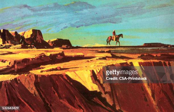 cowboy and horse on cliff - desert stock illustrations