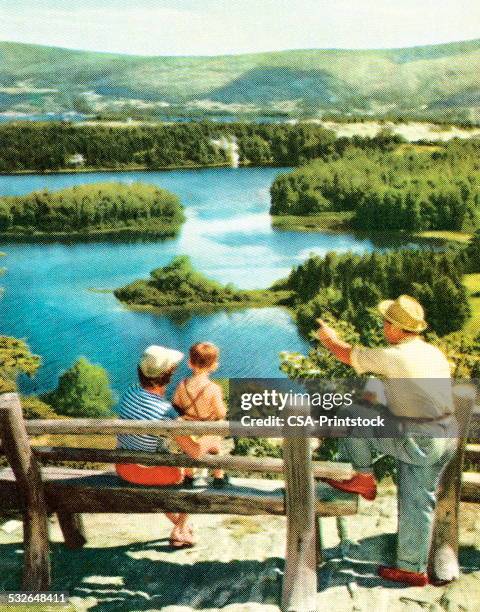 ilustraciones, imágenes clip art, dibujos animados e iconos de stock de vista al lago - familia afuera
