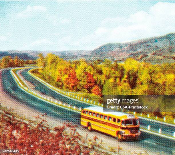 scenic school bus trip - empty highway stock illustrations