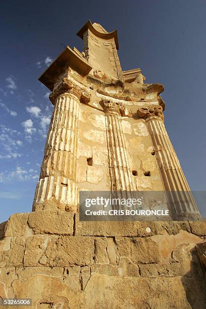 Punic monument still stands 07 July 2005 despite much of the Mediterranean Roman citadel of Sabratha was destroyed by earthquakes during the 4th...