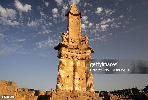 Punic monument still stands 07 July 2005 despite much of the Mediterranean Roman citadel of Sabratha was destroyed by earthquakes during the 4th...